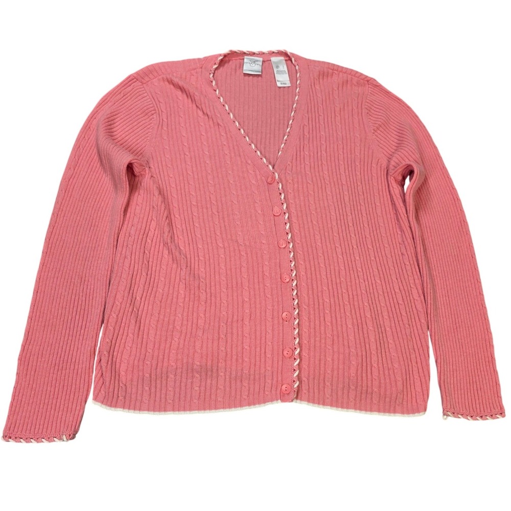 Emma James‎ Liz Claiborne Pinl Cable Knit Cardigan Sweater Women's Size L Trim